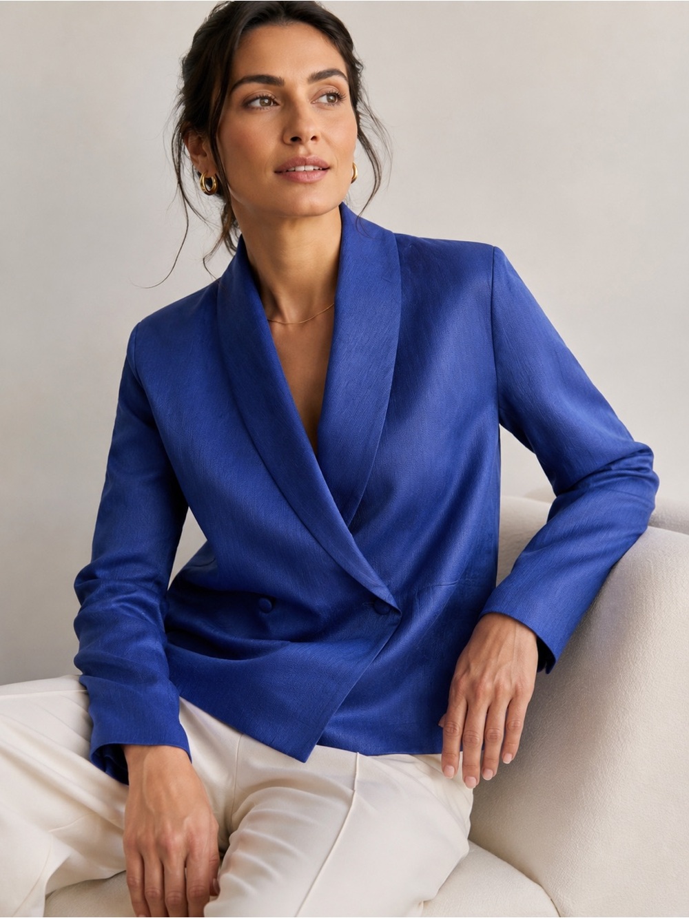 Eileen Fisher Cobalt Blue Shawl-Collar Double-Breasted Blazer